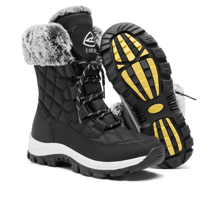 Snow Boot With Waterproof Lace Up Mid-Calf Outdoor Winter Deep Tread Rubber Sole